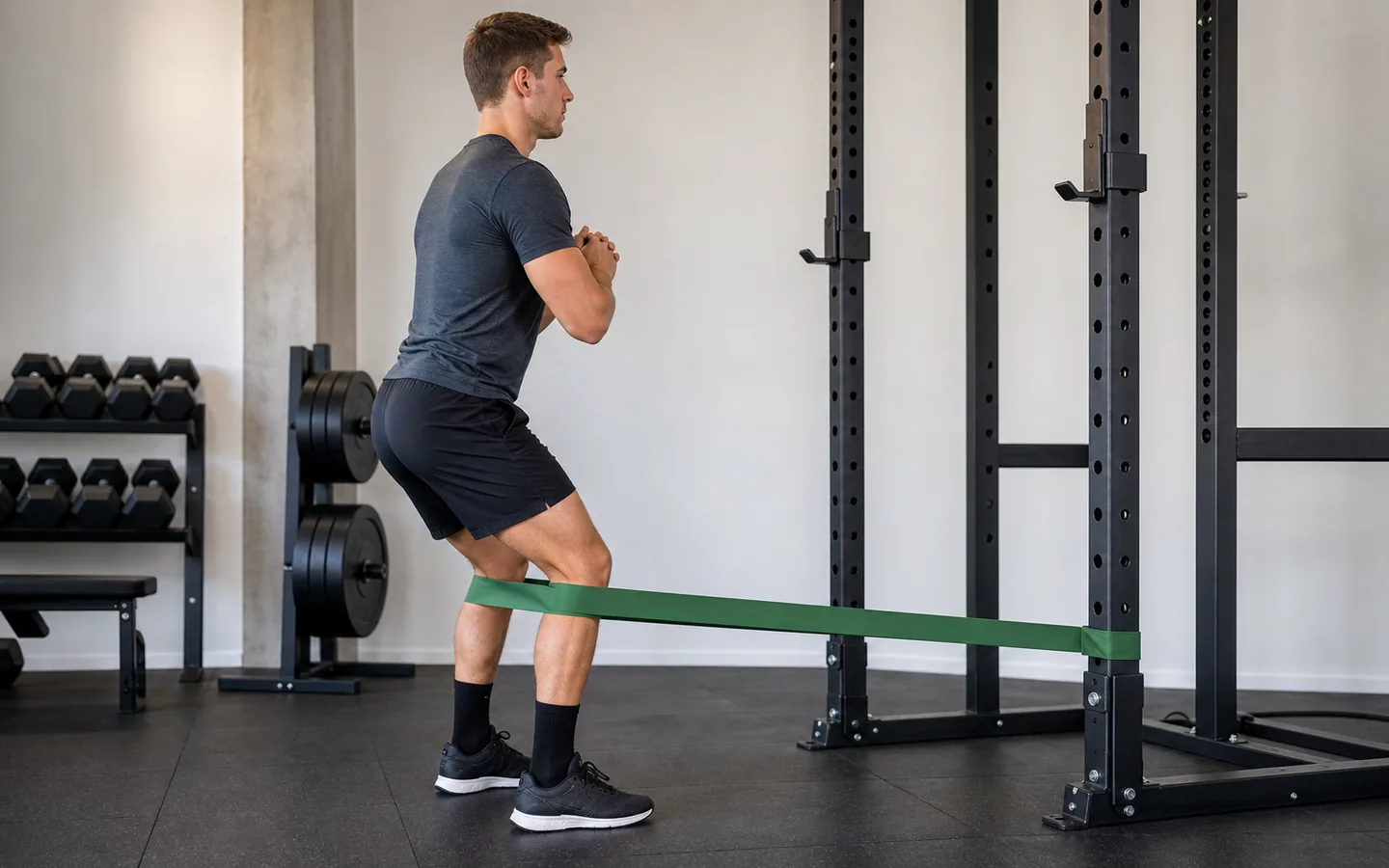 Spanish squat starting setup with the athlete facing a secure knee-height anchor and a broad band placed behind both knees