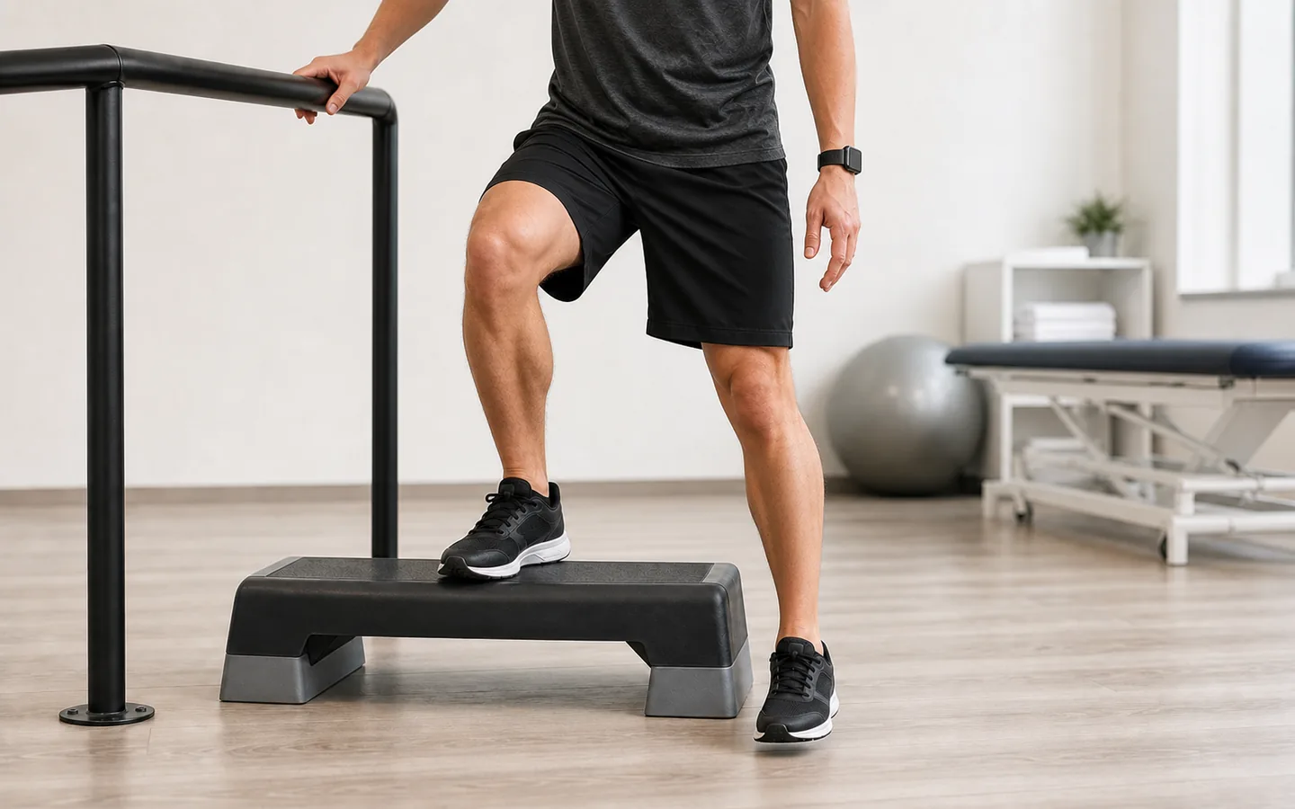 Athlete practicing a supported low lateral step-down with one foot planted on the step and the free heel reaching toward the floor beside it
