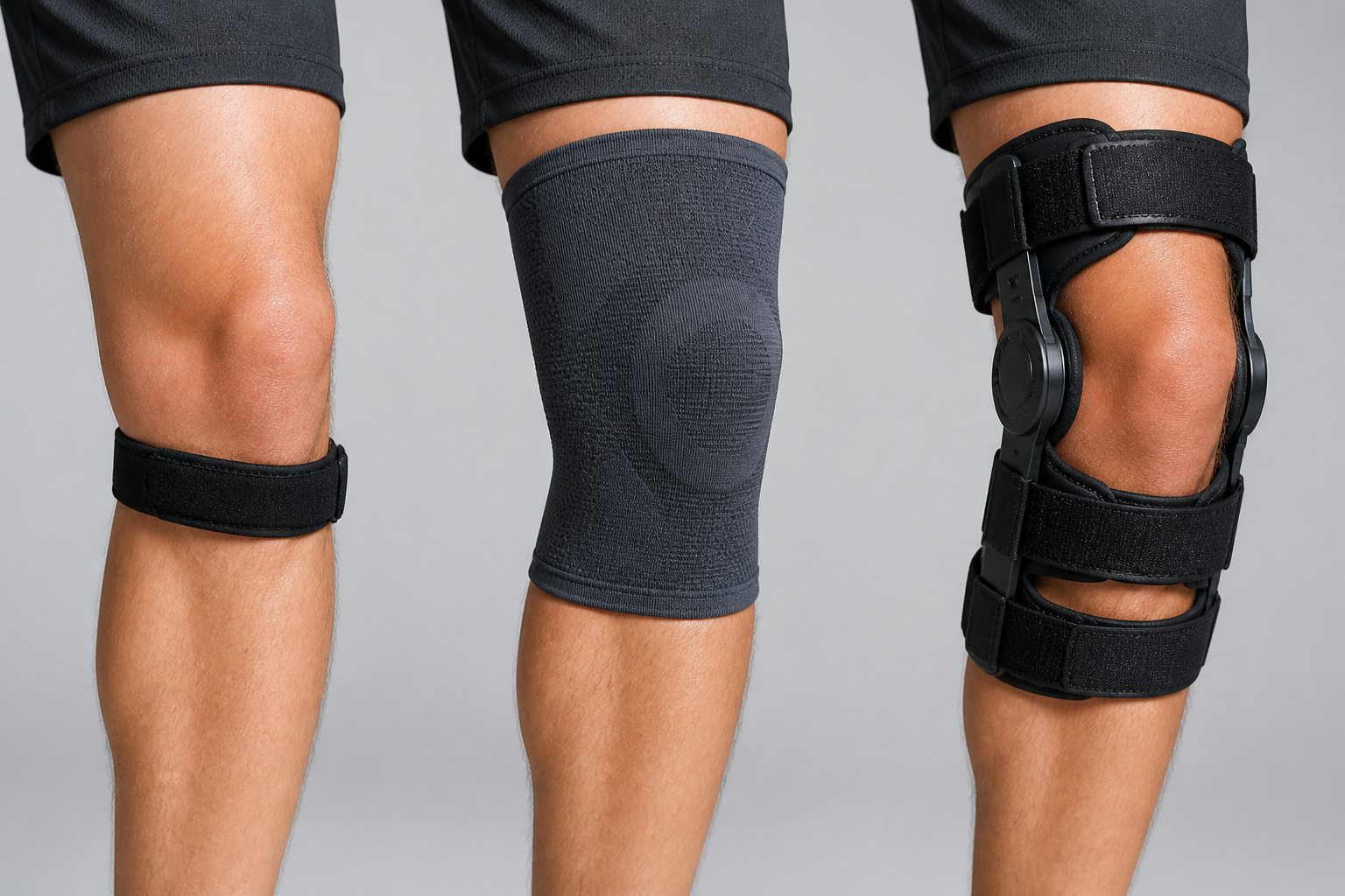 Athlete comparing a narrow patellar strap, a fabric compression sleeve, and a structured hinged knee brace