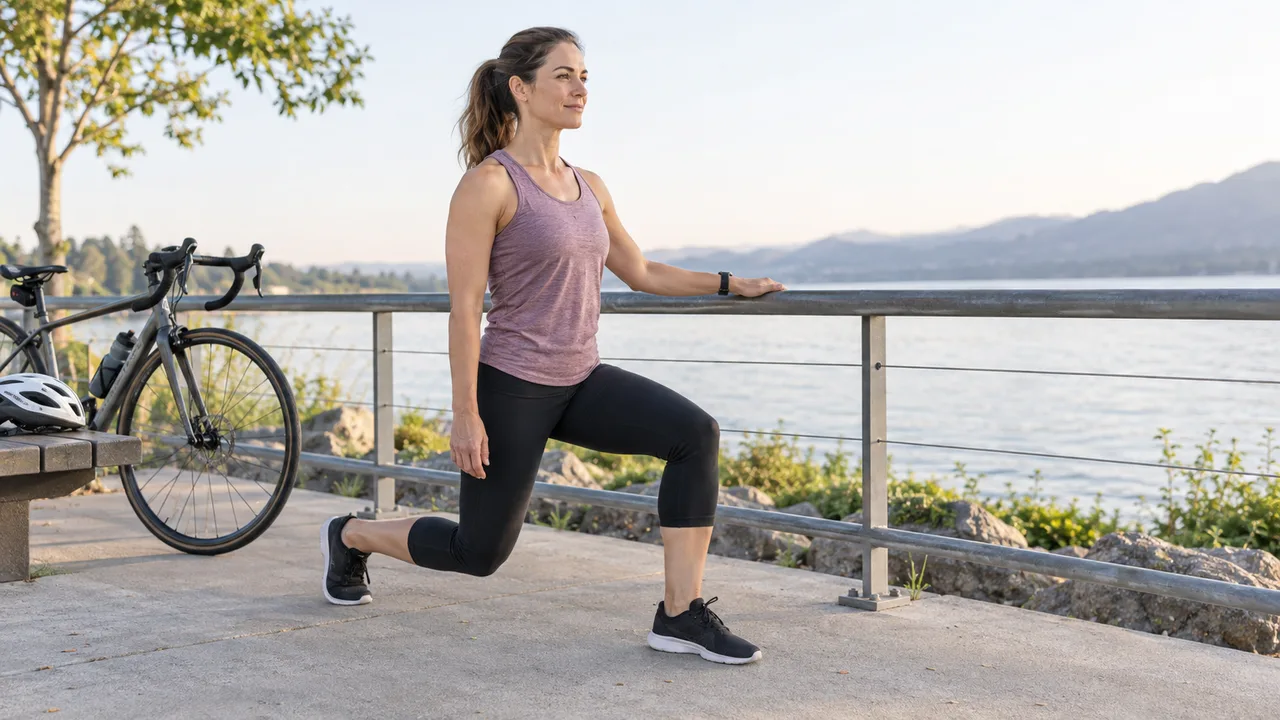 Cyclist practicing a split-stance strength movement beside a railing