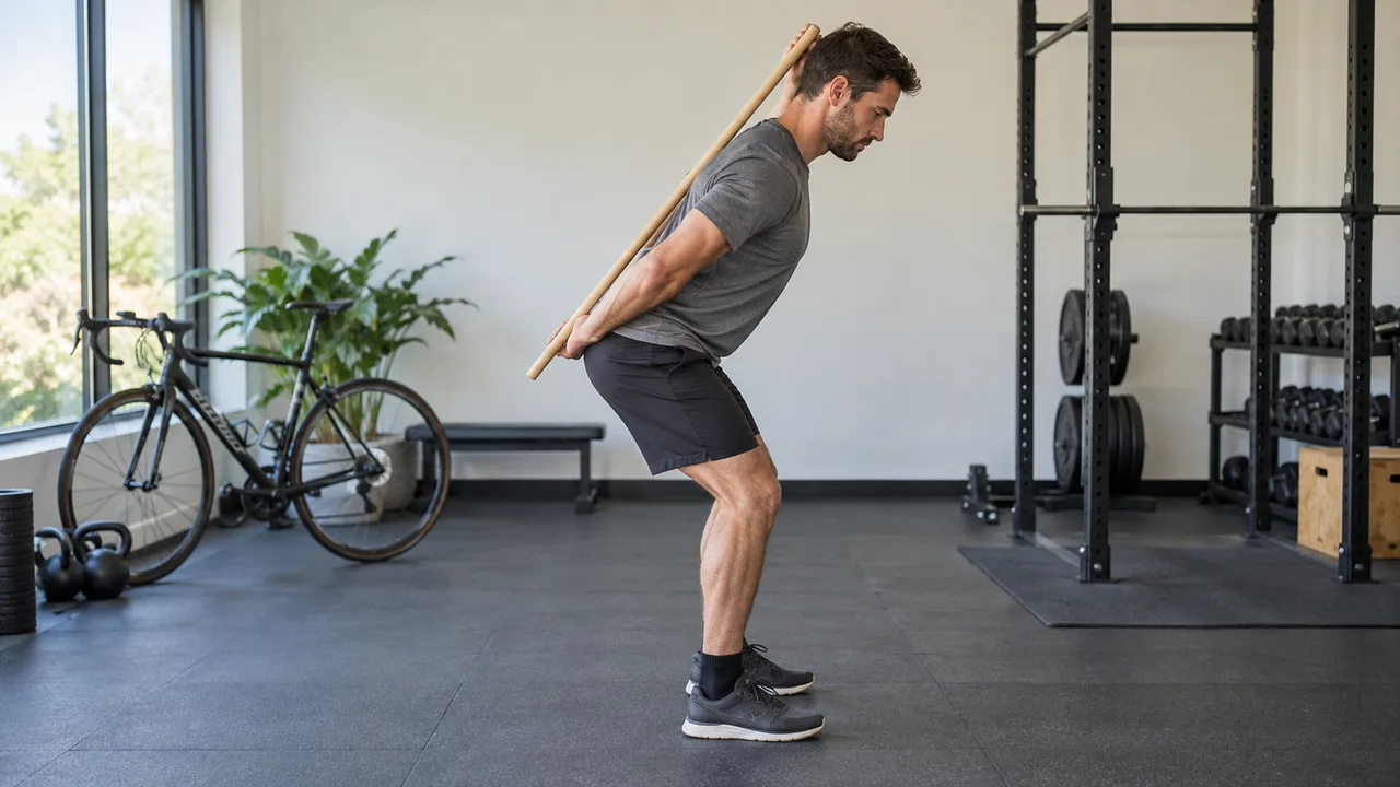Adult cyclist practicing an unloaded hip hinge in a clear exercise area