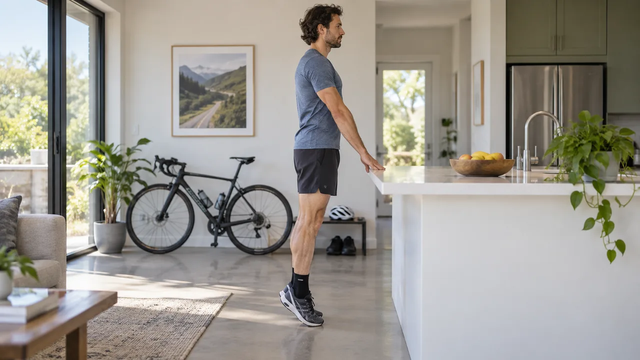 Cyclist performing a supported calf raise beside a kitchen counter