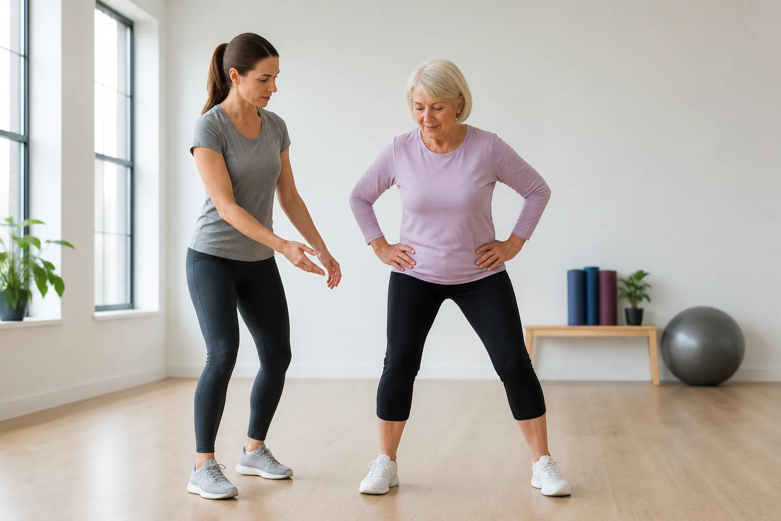 Older adult practicing a small tai chi weight shift with an instructor observing the stance