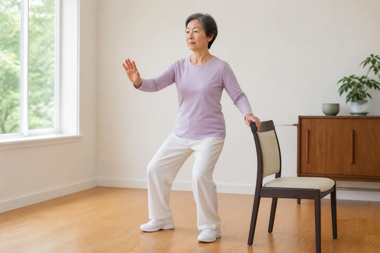 Tai chi learner practicing a higher stance with one hand on a stable chair