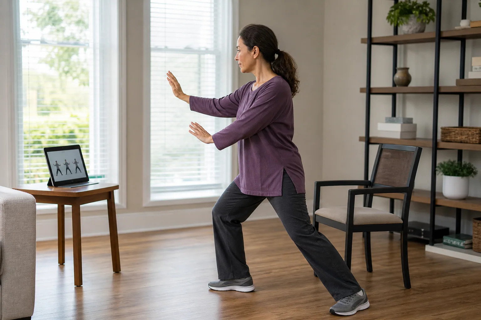 Adult reviewing a tai chi lesson at home with a clear practice area and stable support nearby