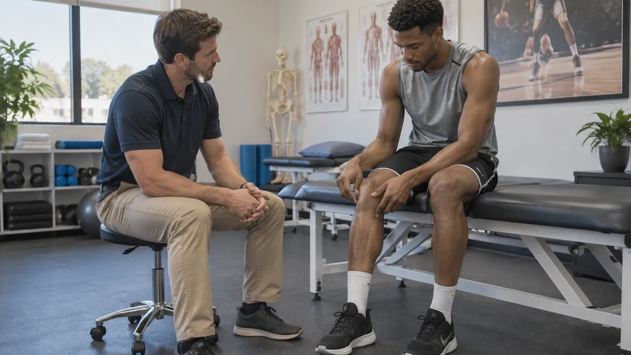Basketball athlete discussing pain below the kneecap with a sports physiotherapist