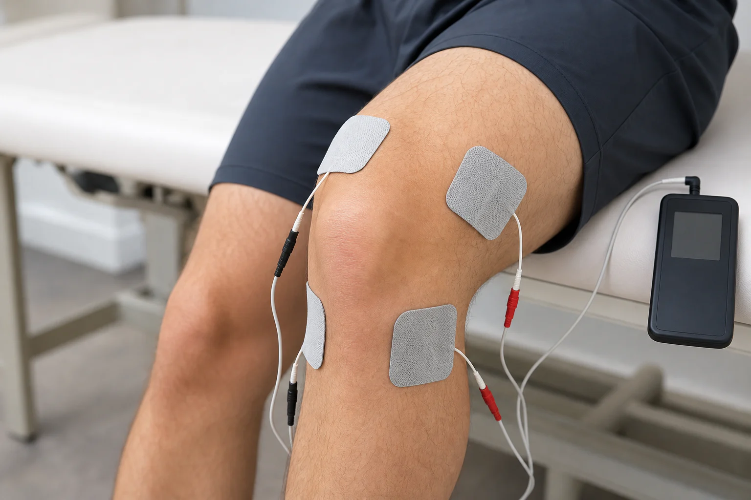 Four separated TENS electrode pads positioned around a seated person's knee with the kneecap left uncovered and the controller beside the leg