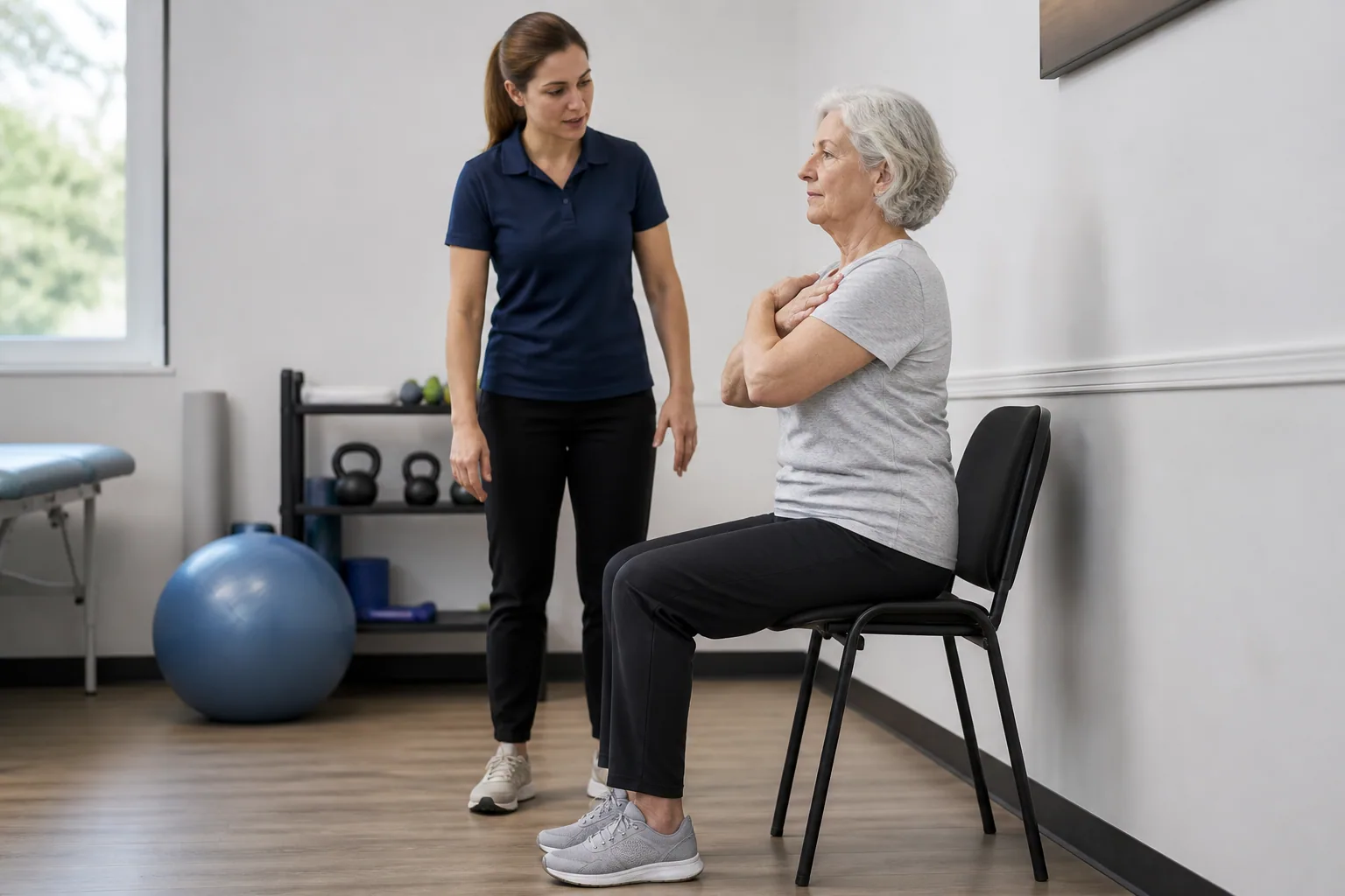 Older adult seated on a firm armless chair with arms crossed while a clinician supervises