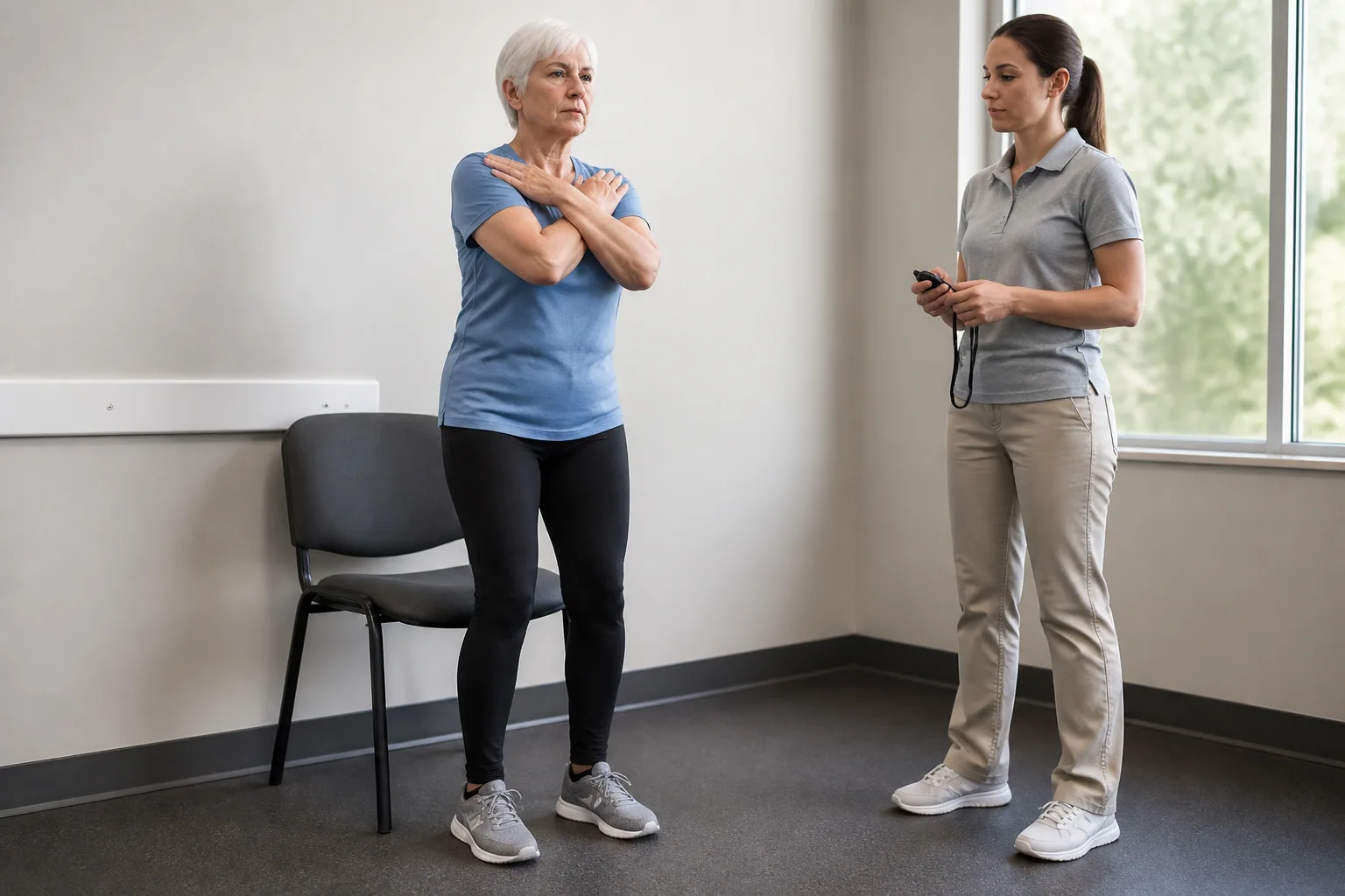 Older adult standing upright with arms crossed beside a clinician and the test chair