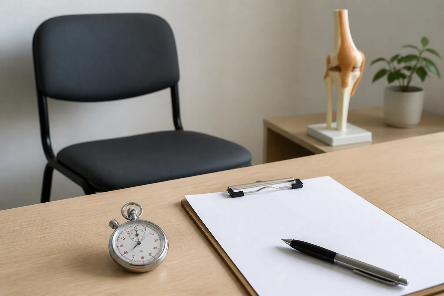 Stopwatch and recording sheet beside a firm armless chair in a clinical assessment space