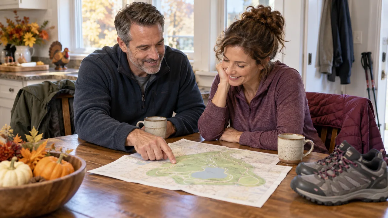 Two adults reviewing an event route map together before choosing a Thanksgiving walk