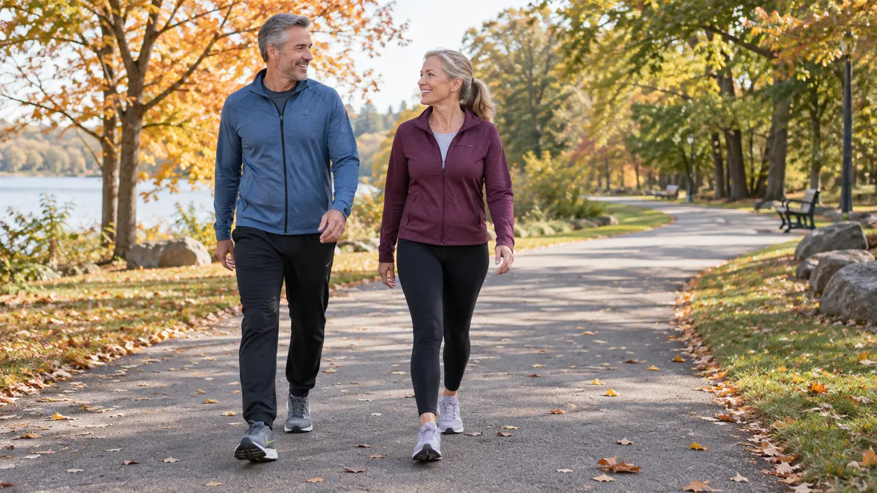 Adult couple walking at an easy pace on a wide level autumn park path