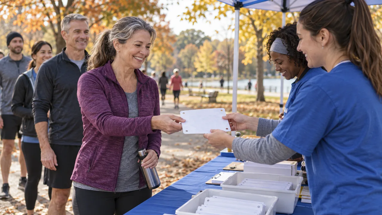 Community event volunteer handing a race bib to an adult participant at a park tent