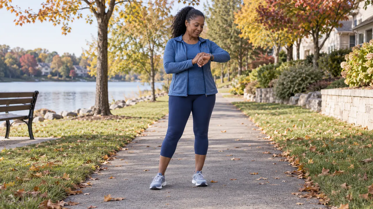 Recreational exerciser checking a wristwatch before a run-walk session on a level path
