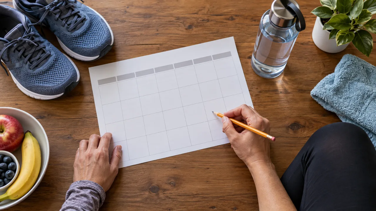 Simple weekly planning sheet beside running shoes, a pencil and water bottle