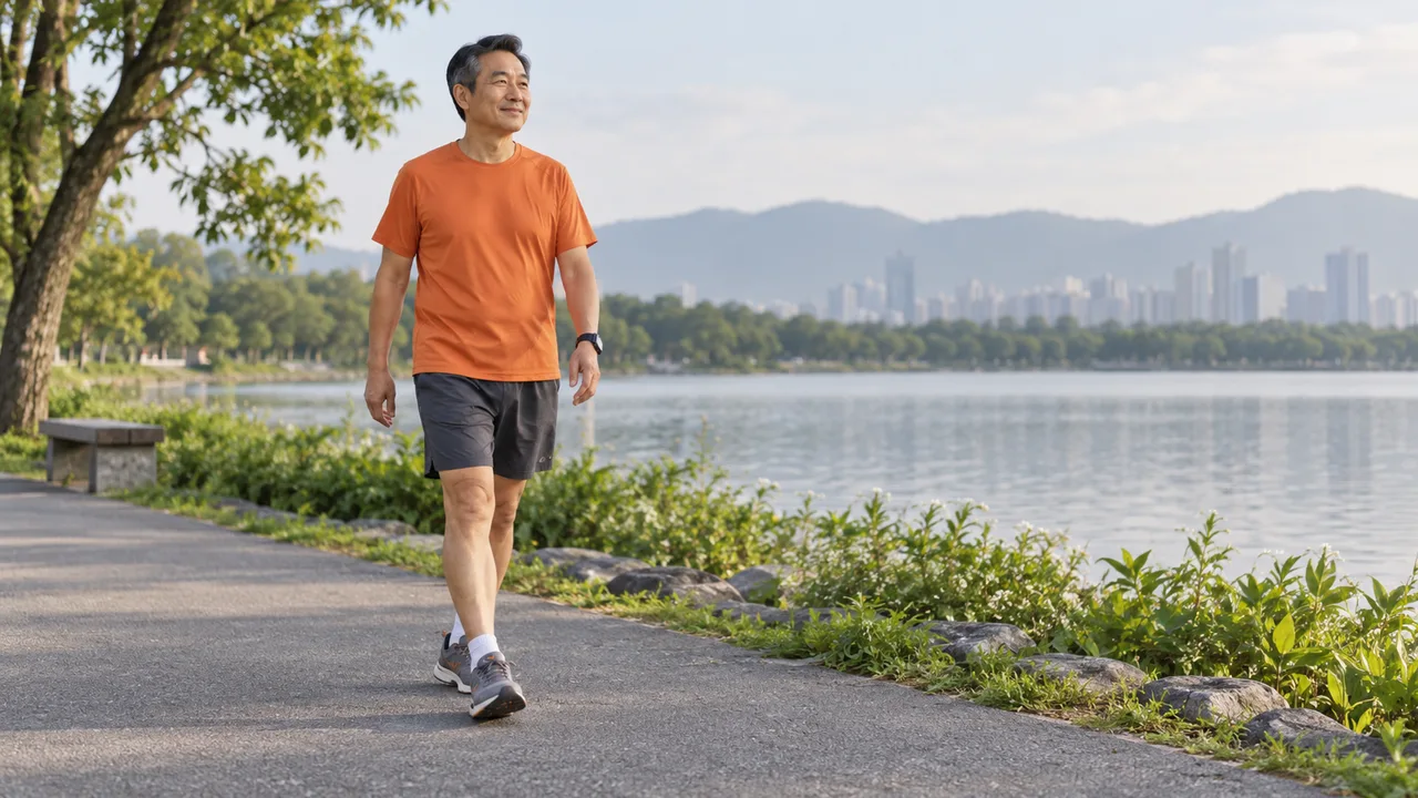 Adult participant taking an easy walking interval along a paved exercise route