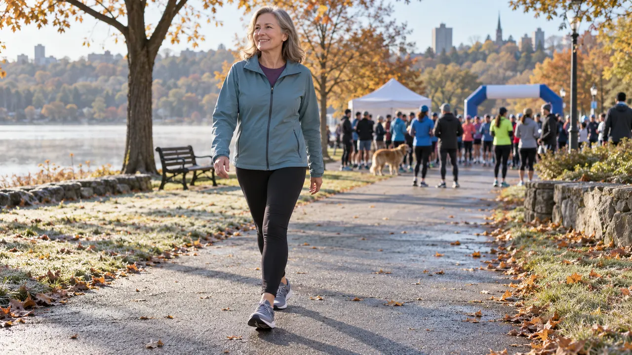 Adult walker moving easily along a paved path near a community race gathering