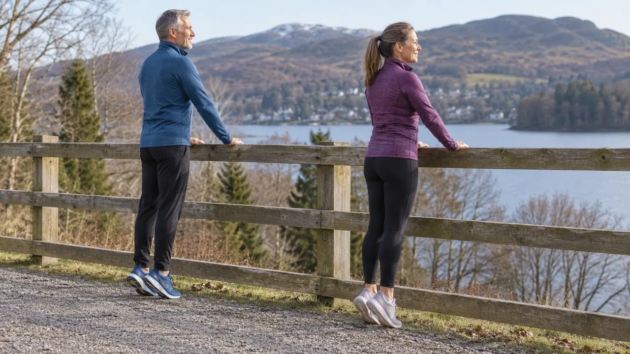 Two adults using a sturdy fence for small supported heel raises before activity