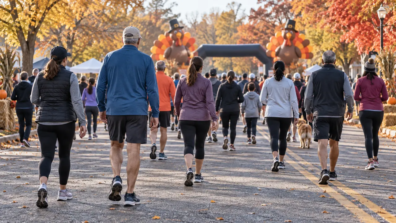 Recreational participants setting off at a walking pace on a broad autumn event route