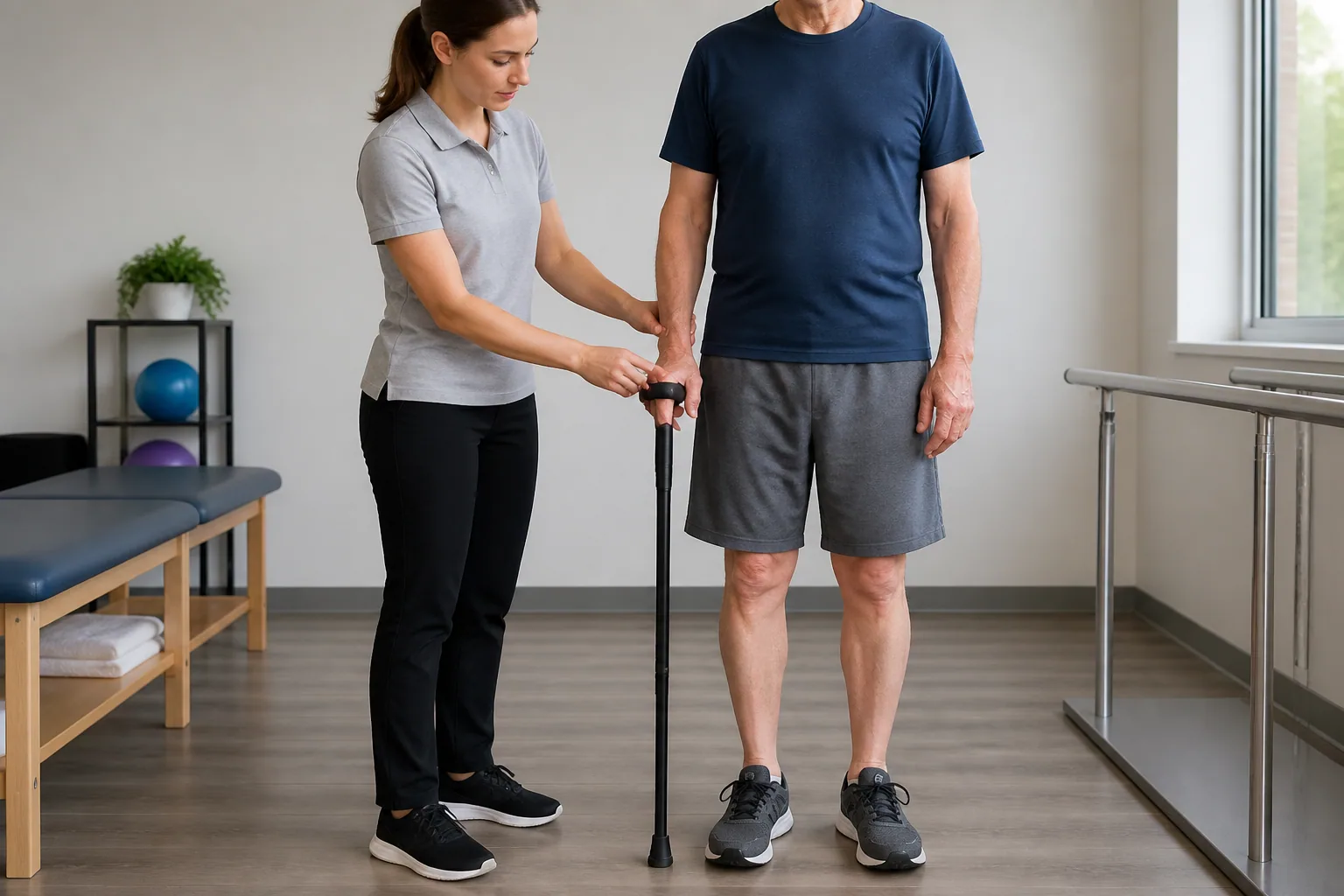 Clinician checking cane handle height beside a standing adult wearing ordinary walking shoes