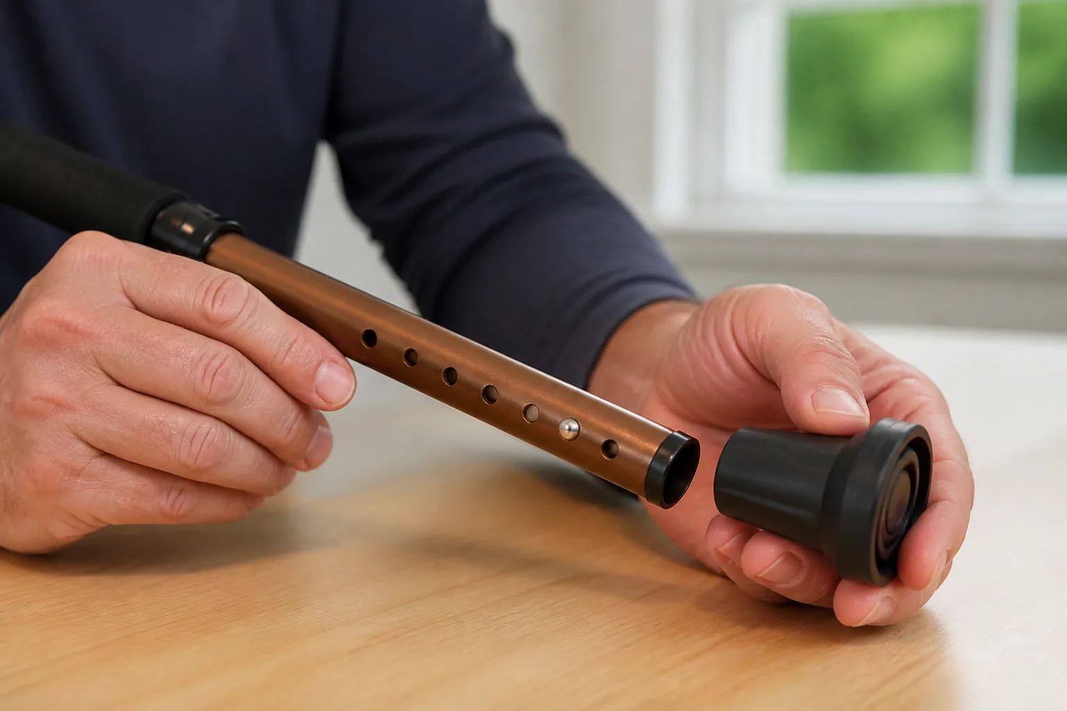 Hands inspecting the rubber tip and adjustment holes of a walking cane