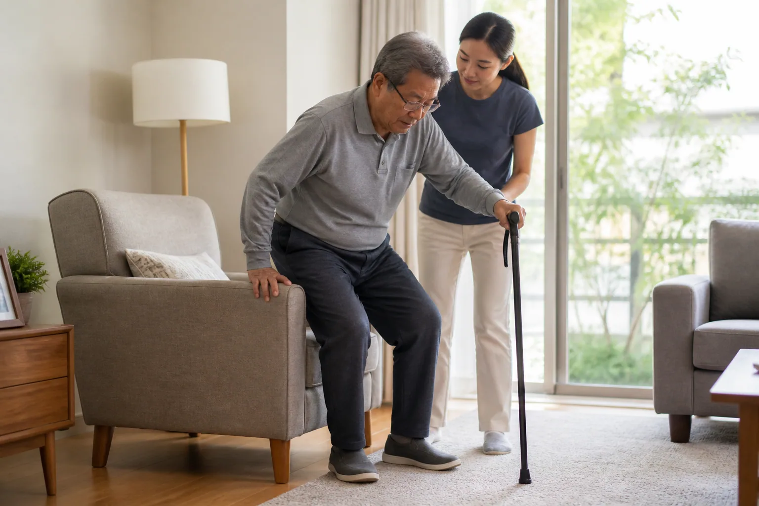 Adult rising from a stable armchair while a therapist supervises cane use and balance