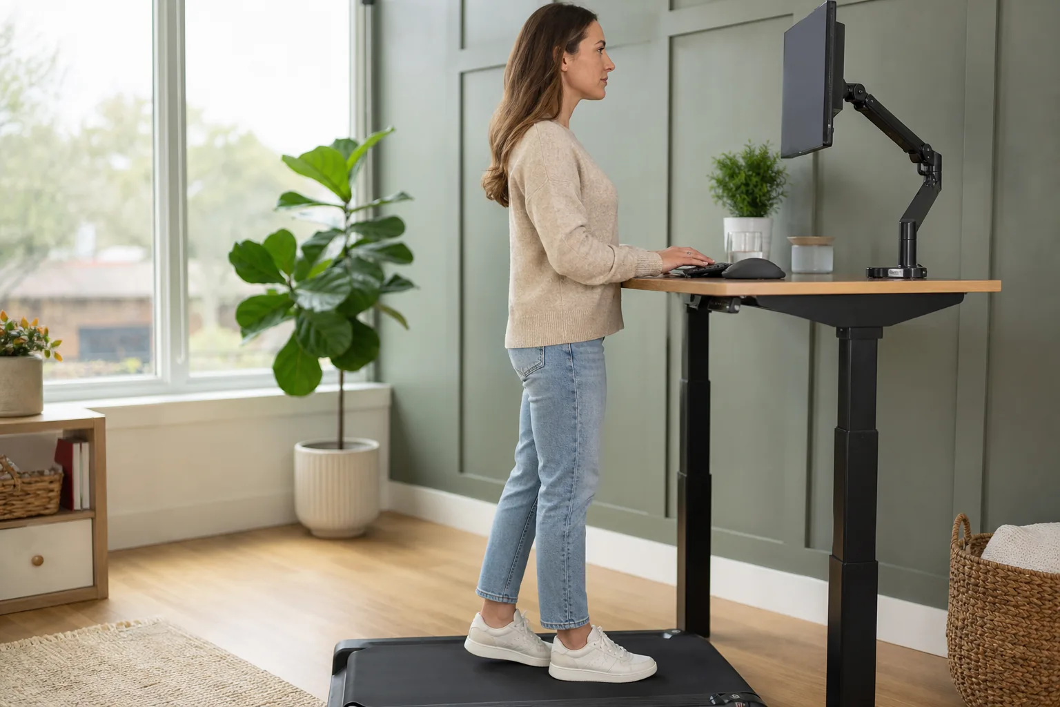 Walking-pad user with external keyboard close to the body and monitor raised separately