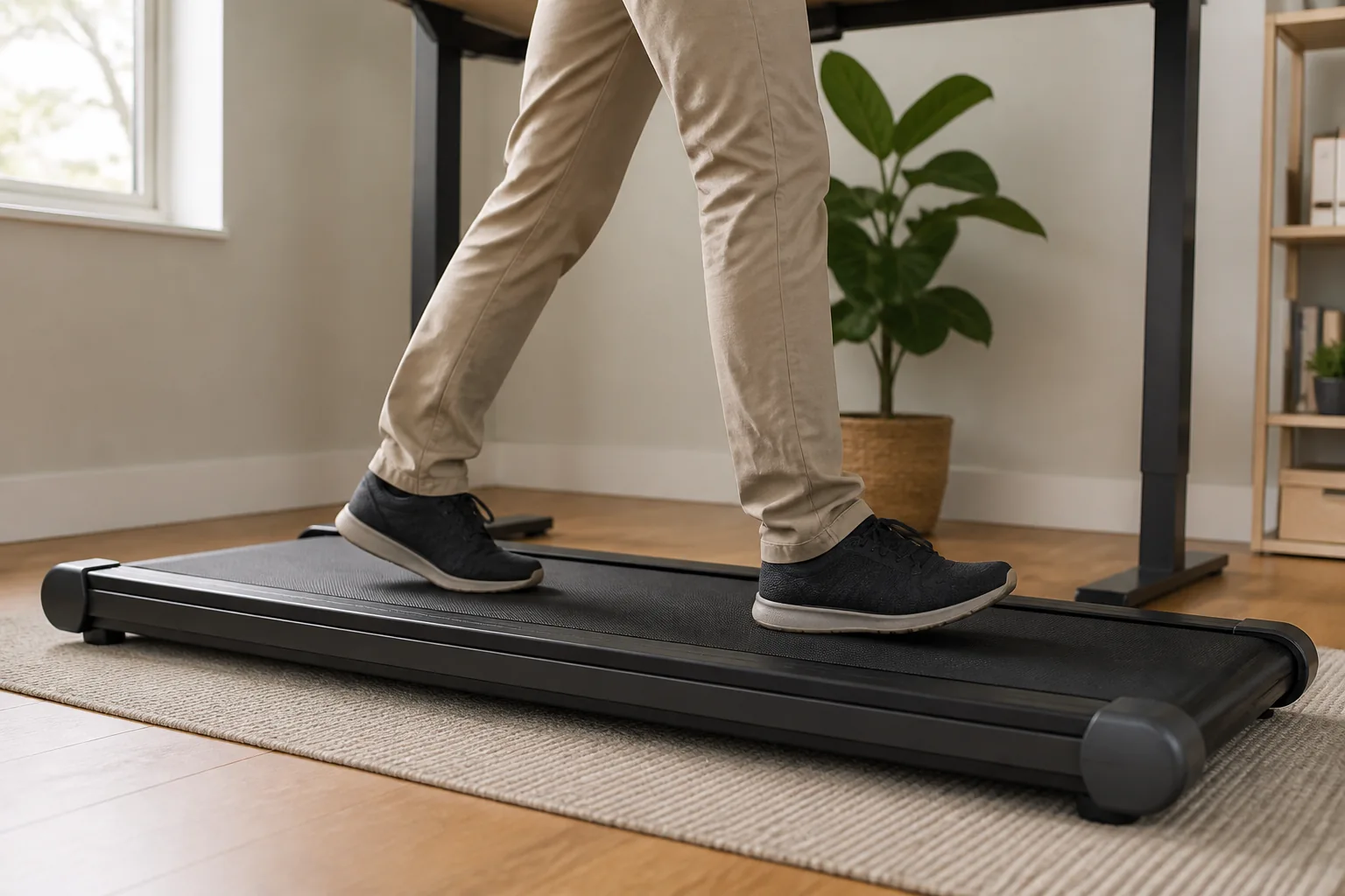 Close view of natural steps centered on a flat under-desk walking belt
