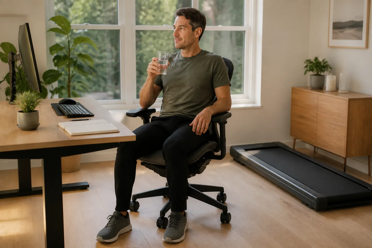 Office worker taking a seated break with the walking pad stopped beside the desk