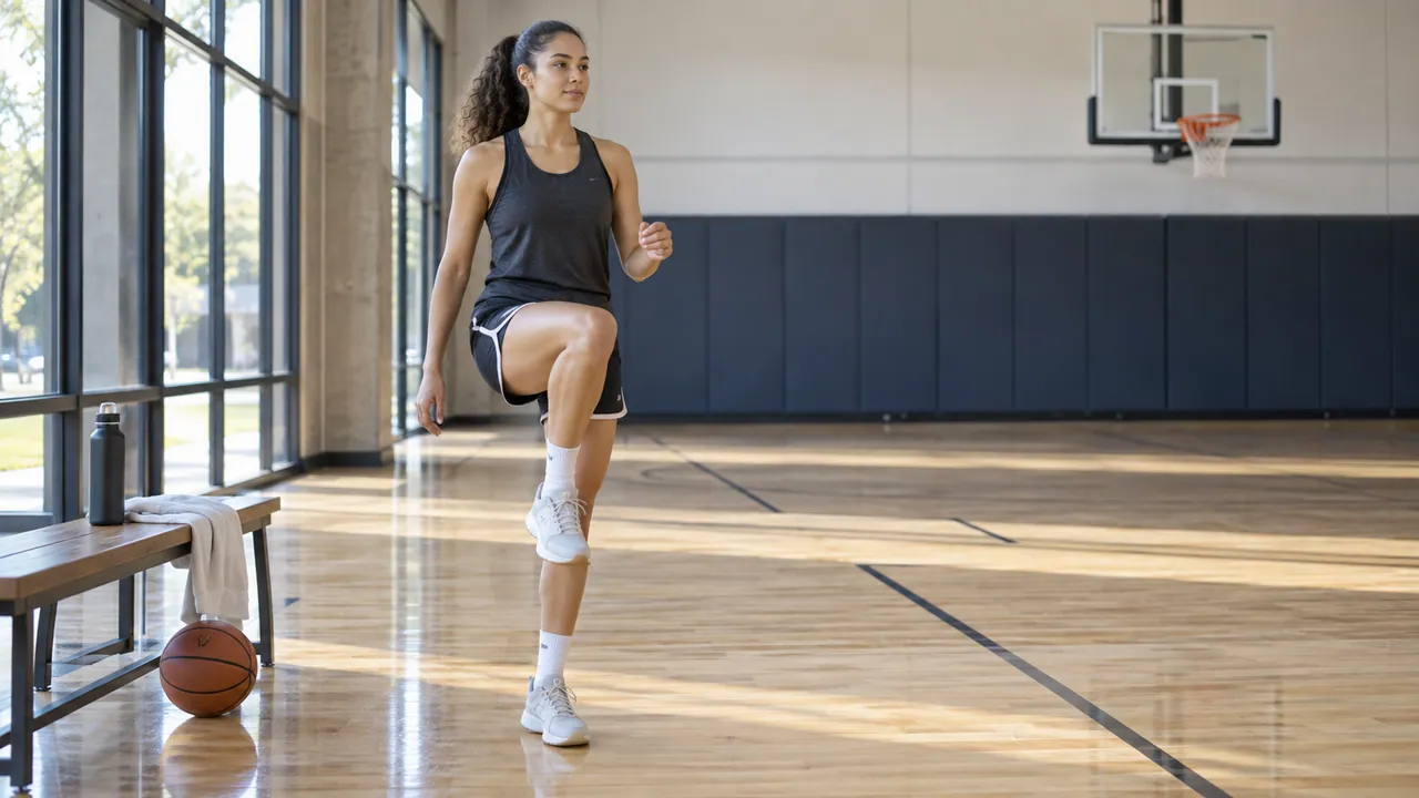 Basketball player performing a controlled marching movement beside an indoor court
