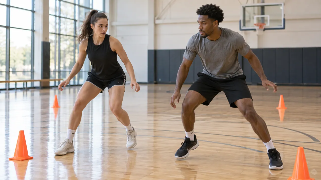 Two basketball players practicing controlled lateral defensive steps between cones