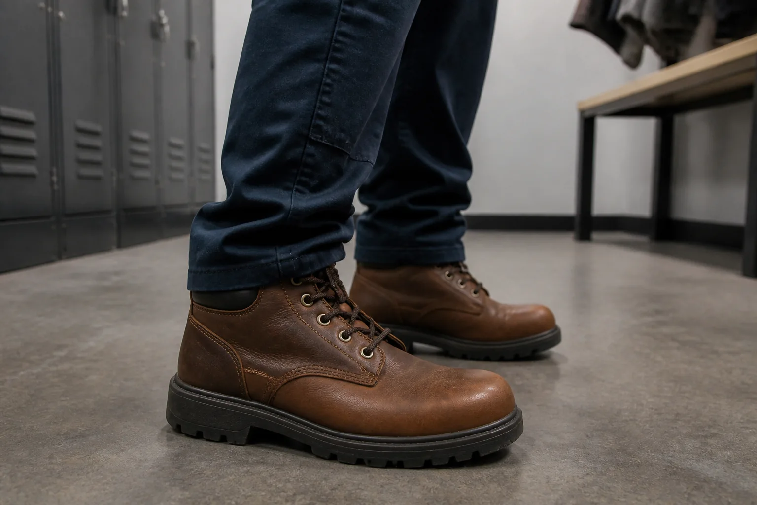Fully laced leather work boots worn with work trousers in a changing area