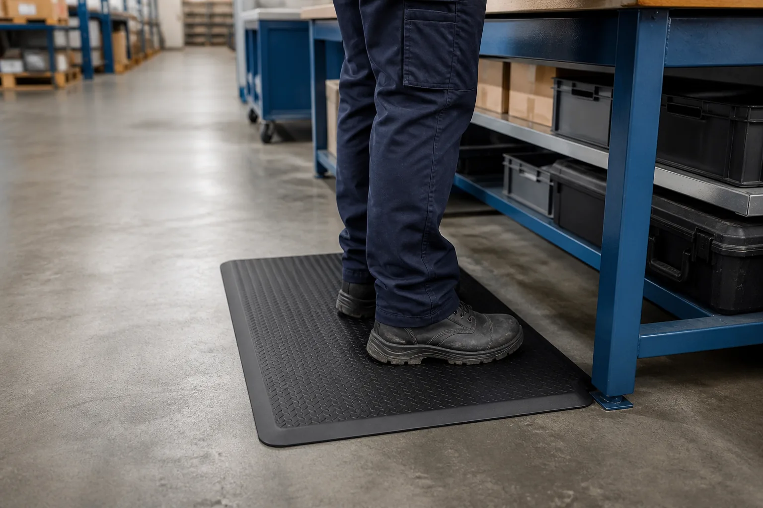 Worker wearing protective boots on a flat beveled-edge anti-fatigue mat at a workstation