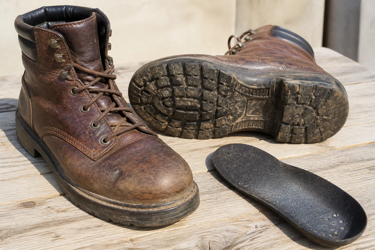 Work boots on a bench with the outsole and removable footbed exposed for inspection
