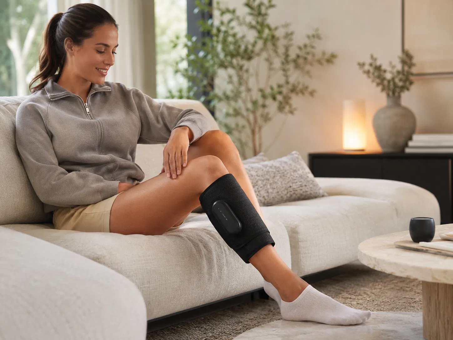 Woman relaxing on a sofa while wearing the FlexiKnee Calf Recovery Massager