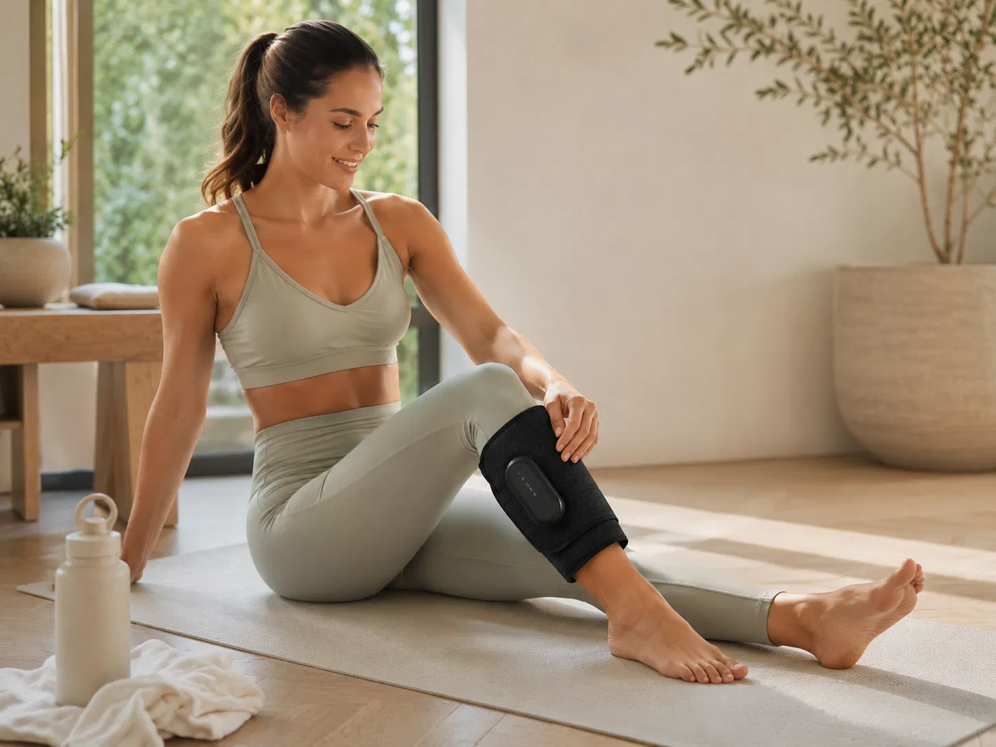 Woman using the FlexiKnee Calf Recovery Massager after exercise