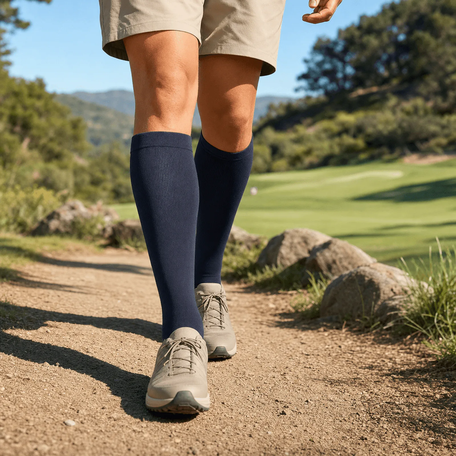 Active adult wearing FlexiKnee Everyday Compression Socks before a trail walk