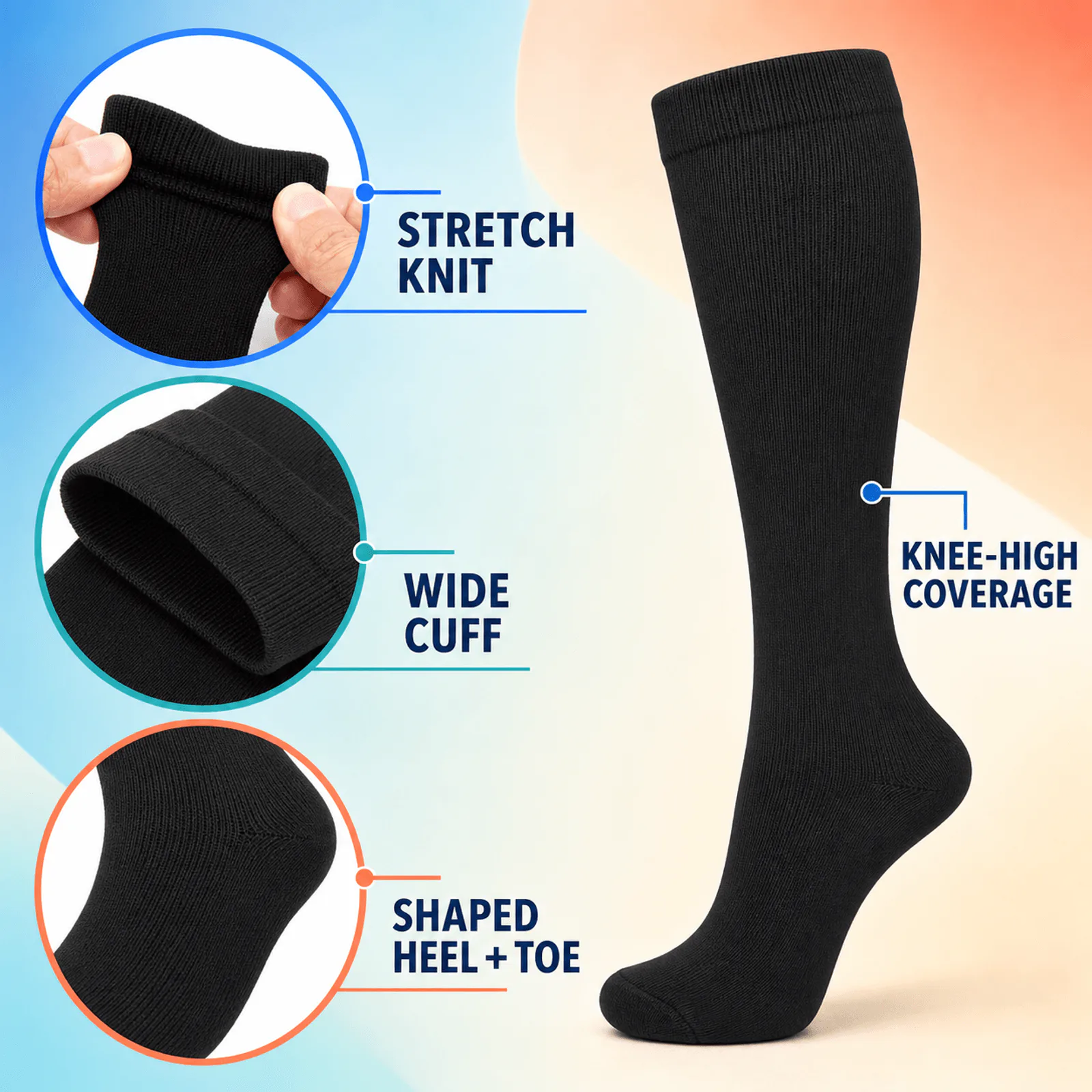 Close-up details of the cuff, ribbed nylon knit, shaped heel and closed toe