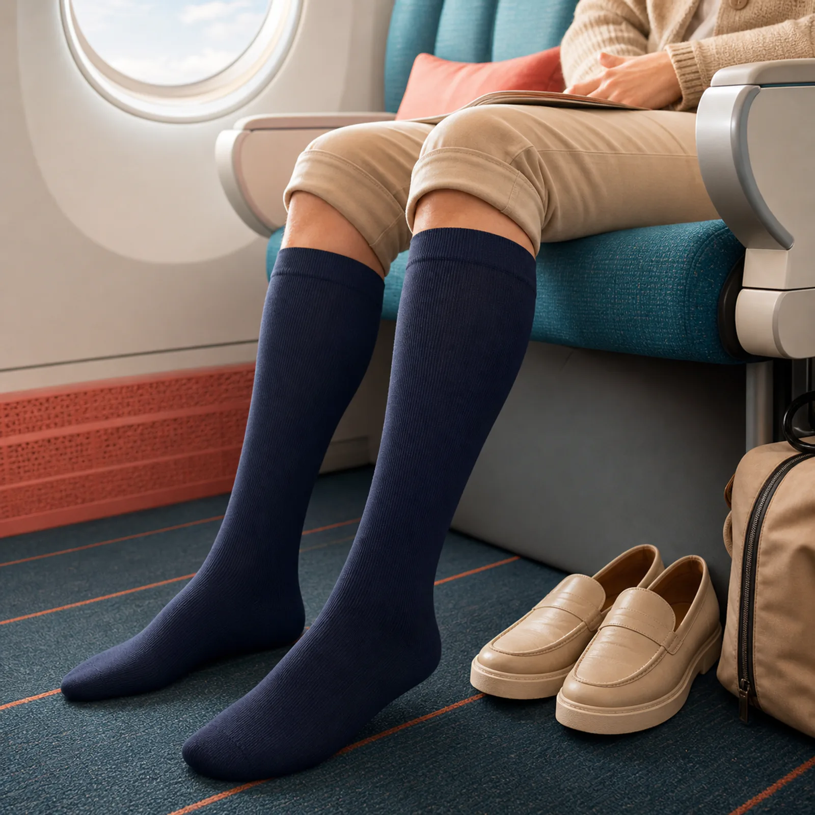 Traveler wearing navy FlexiKnee Everyday Compression Socks while seated with carry-on luggage