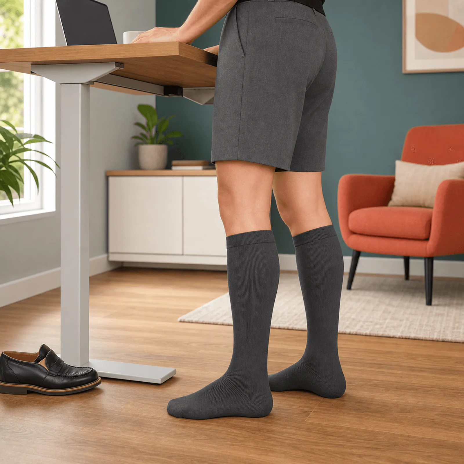 Adult wearing black FlexiKnee Everyday Compression Socks during a standing workday