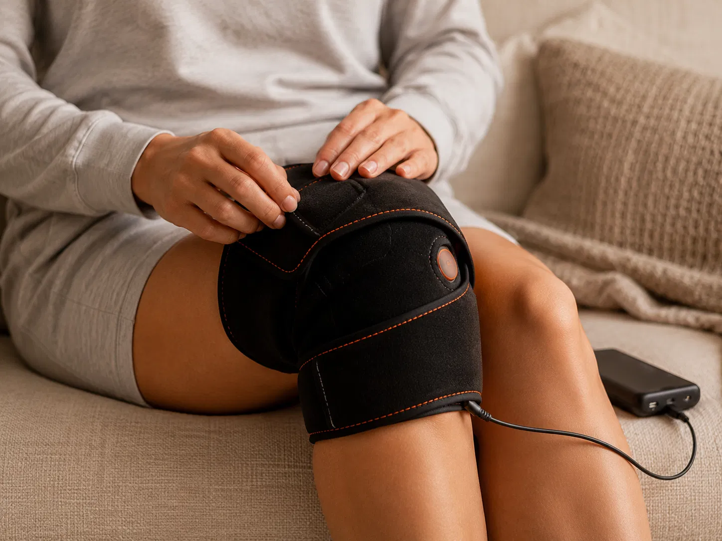 Close-up of the FlexiKnee USB Heated Knee Wrap connected to a power bank