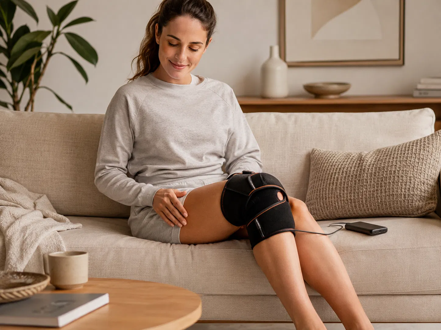 Woman sitting on a sofa while using the FlexiKnee USB Heated Knee Wrap