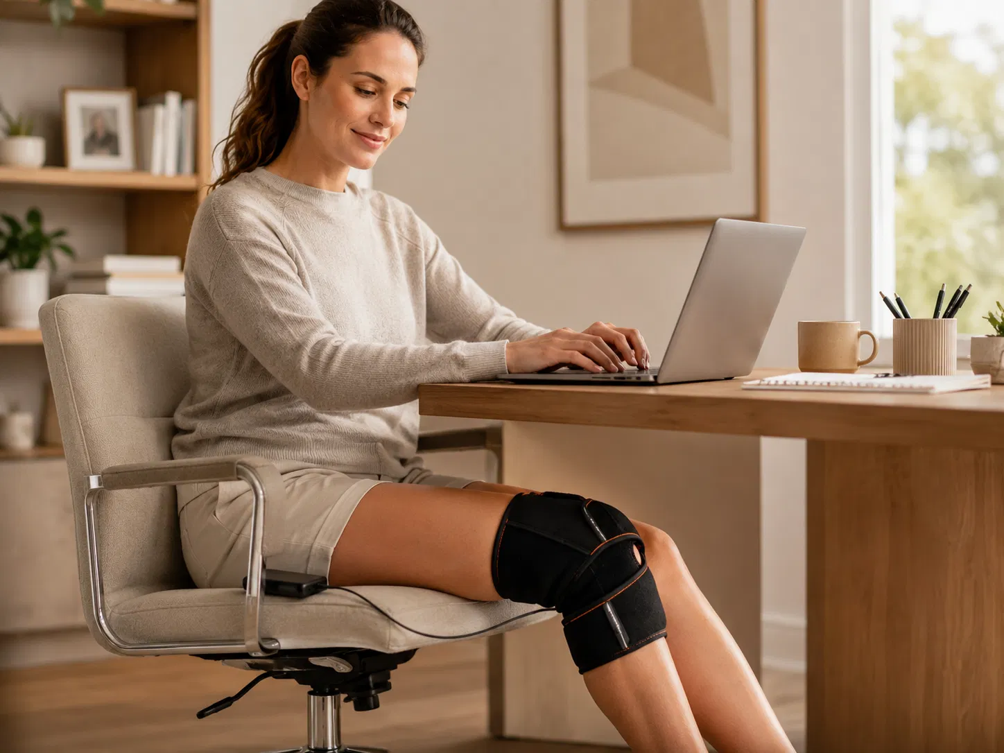 Woman working at a desk while wearing the FlexiKnee USB Heated Knee Wrap