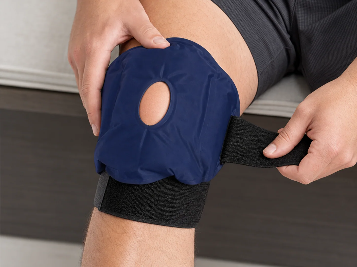 Close-up of the FlexiKnee Reusable Knee Ice Pack Wrap fastened comfortably around the knee
