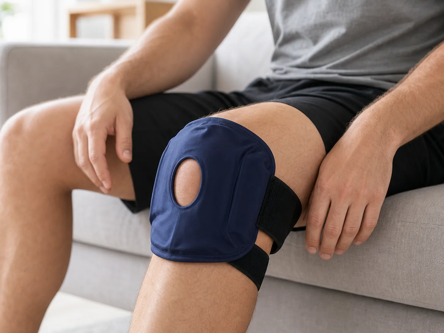 Adult using the FlexiKnee Reusable Knee Ice Pack Wrap during a seated recovery routine at home