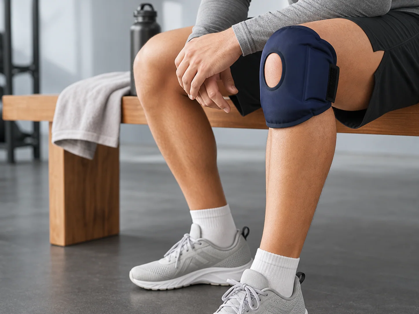 Adult wearing the FlexiKnee Reusable Knee Ice Pack Wrap while resting after activity