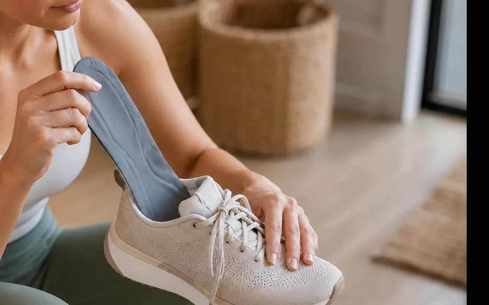 Close-up of a FlexiKnee Sport Orthopedic Insole being placed inside a running shoe