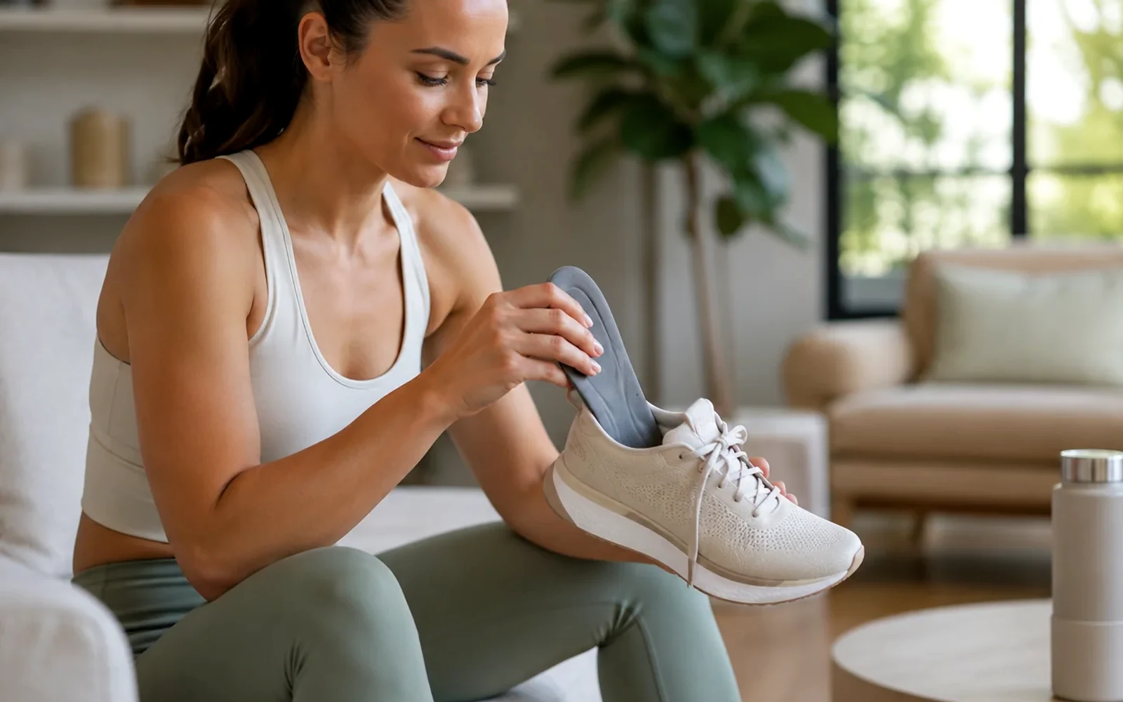 Woman placing a FlexiKnee Sport Orthopedic Insole into a white athletic shoe at home