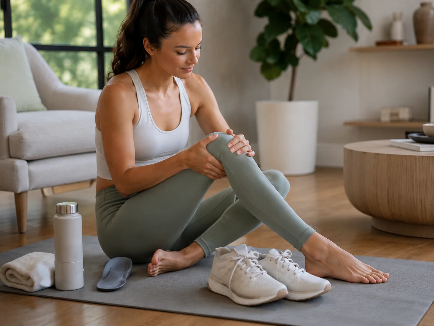 Woman resting after activity beside athletic shoes and a FlexiKnee Sport Orthopedic Insole