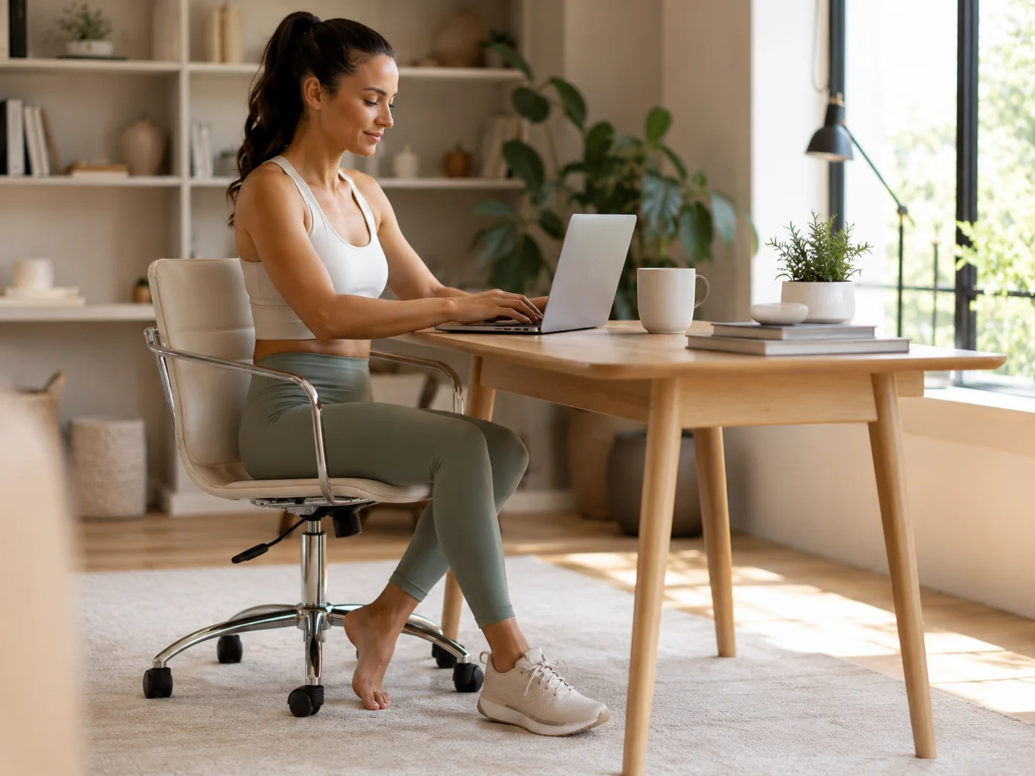 Woman working at a desk while wearing athletic shoes fitted with FlexiKnee Sport Orthopedic Insoles